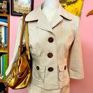 Vintage Zinc Cream Pinstripe Cropped Sleeves Blazer Wooden Buttons